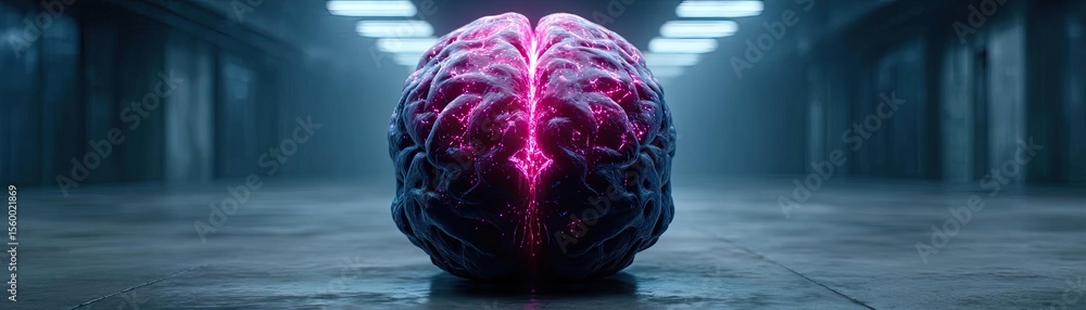 Poster Brain reset concept. An illuminated brain sculpture glowing in a dark environment.