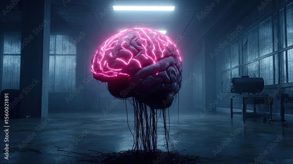 Poster brain reset concept. a futuristic glowing brain in a dark, moody environment