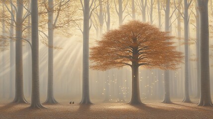 Serene Autumnal Forest Scene with Golden Sunlight and Foggy Atmosphere Displaying Beautiful Nature