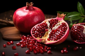 Fresh juicy pomegranate fruit cut open revealing its arils, ready to be enjoyed