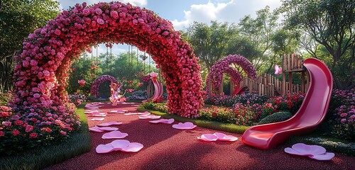 Enchanted rose garden playground with floral arches fairy slides and petal platforms romantic spring fantasy setting
