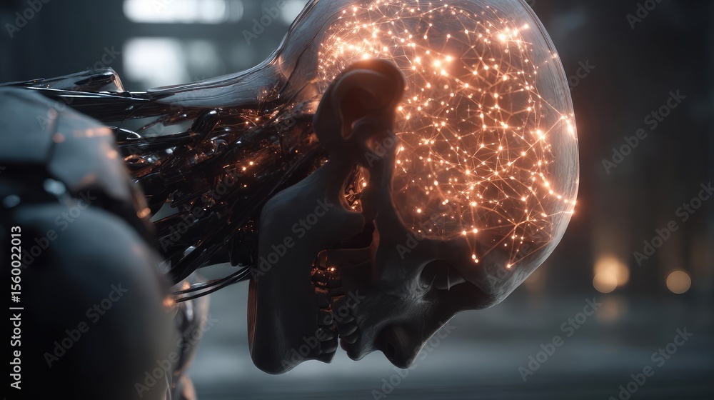 Aufkleber Brain reset concept. Futuristic robot head with glowing neural connections and circuits.