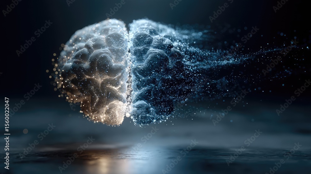 Poster Brain reset concept. Abstract depiction of a brain with vibrant particles and colors.