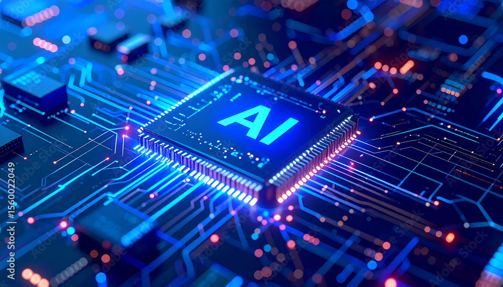 Poster ai chip: a detailed close-up showcases the intricate design of an ai microchip, radiating with glowi