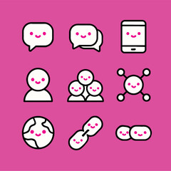 Cute Outline Handdrawn Icon Set with Smiling Faces and Rounded Edges