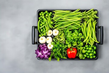 Fresh Green Vegetables on Tray: Peas, Beans, Garlic, Herbs, Red Pepper, Purple Cabbage - Healthy Vegan Food Still Life Photography