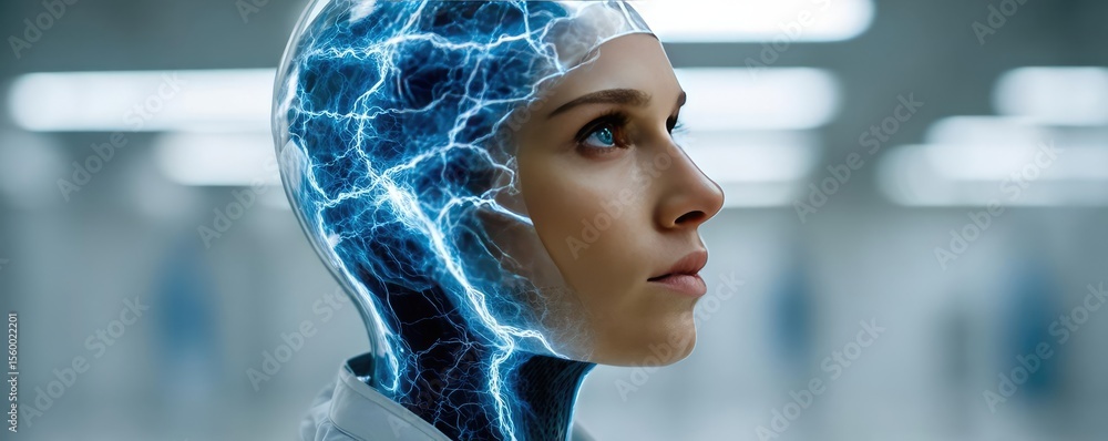 Poster brain reset concept. futuristic humanoid robot with electric patterns on the surface.