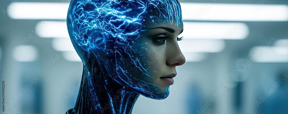 Poster brain reset concept. futuristic humanoid robot with electric neural patterns and design.