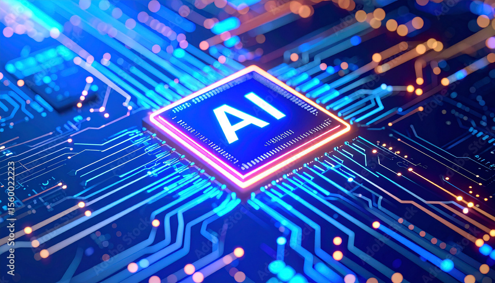 Poster ai chip: a high-tech close-up showcasing an illuminated central processing unit (cpu) with 