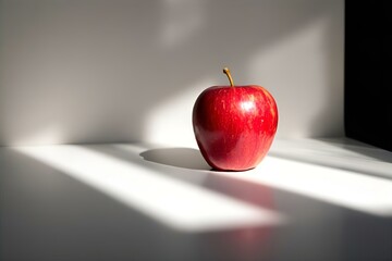 Red Apple Still Life: Dramatic Light & Shadow on White Surface, Simple Food Photography, Fresh Fruit Image