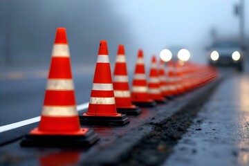 Road Construction Cones on Foggy Highway: Orange Traffic Safety Cones Guiding Cars During Roadwork on a Wet, Overcast Day