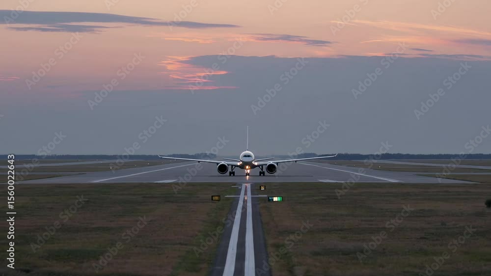 Poster passenger airplane navigating airport runway during twilight, surrounded by soft pink and purple clo