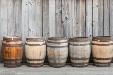 Fototapeta premium Wooden barrels lined up in a row against a rustic wooden wall, wooden barrels, natural, Several wooden barrels arranged neatly in front of a weathered wooden wall, highlighting a rustic 