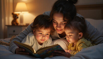 Mother reading bedtime story to children in cozy bedroom light