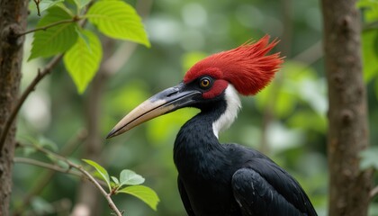 Fototapeta premium Colorful red-crested woodpecker in vibrant setting