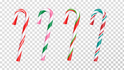 Christmas striped Candy canes candy canes. Festive red, green and white stripes. Christmas candy canes on transparent background. Vector design for greeting cards, decor and banners