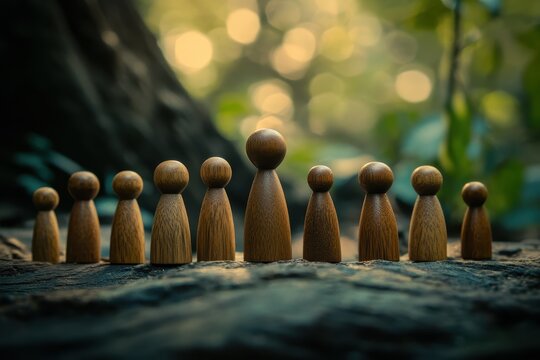 Wooden figurines representing global connectivity and awareness in a natural setting, A collection of wooden figurines illustrating global connectivity and awareness, displayed in a tranquil outdoor  