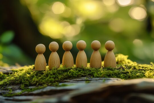 Wooden figurines representing global connectivity and awareness in a natural setting, A collection of wooden figurines illustrating global connectivity and awareness, displayed in a tranquil outdoor  