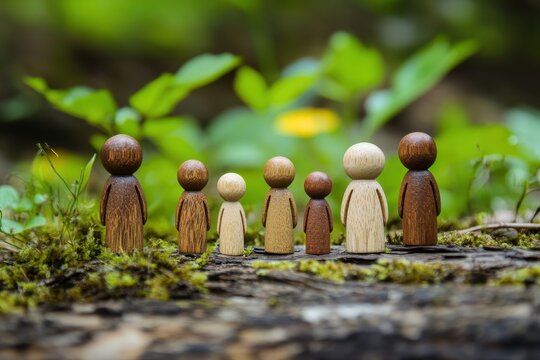 Wooden figurines representing global connectivity and awareness in a natural setting, A collection of wooden figurines illustrating global connectivity and awareness, displayed in a tranquil outdoor  