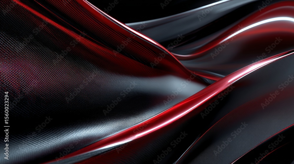 Poster sleek abstract background displays a glossy, flowing texture with vibrant red and dark gradients for