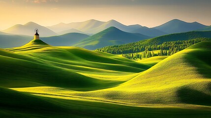 Serene Rolling Hills and Distant Mountains Landscape with a Towered Structure at Sunset