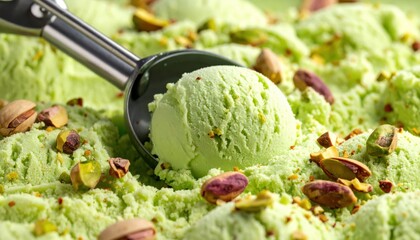 Close-up of creamy pistachio gelato scooped and surrounded by crushed pistachios in a vibrant green dessert display