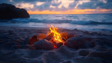 Cozy campfire on a sandy beach at sunset with waves crashing in the background