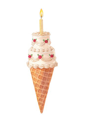  Watercolor vintage cone cake with red roses and golden candle, birthday coquette dessert