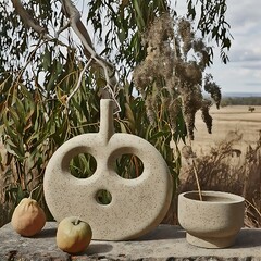 Serene Still Life Composition with Neutral Tones Featuring Ceramic Vase and Countryside Backdrop