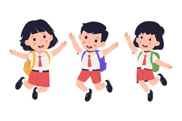 Happy Elementary School Students Jumping with Backpacks. Illustrations for websites, landing pages, mobile apps, posters and banners