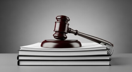 A dark wooden gavel resting on a stack of spiral-bound notebooks or legal pads. A concept for legal education, taking notes in court, or law school.