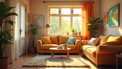 Sunlit Living Room Warm Family Gathering, Cozy Atmosphere, Comfortable Furniture, Playful Decor