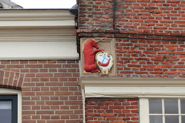 Oude Doelenkade Building Facade Sculpted Decoration Depicting a Red Unicorn Holding the Hoorn Coat...