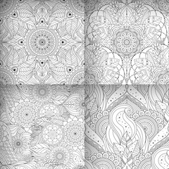 Ethnic seamless patterns set with floral details in black and white colors. Natural motifs and abstract ornaments depicting flowers, leaves, mandalas, oriental, asian, indian designs.