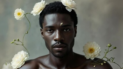 Camera starting zoom on shirtless model draped in tulle in studio, accentuating white rose crown - Powered by Adobe