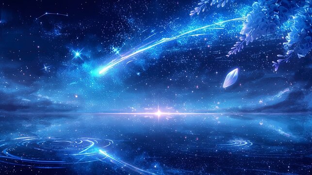 Crystal Meteor Streak over Obsidian Lake, Anime Wallpaper with Diamond Stars and Silver Ripples, Ethereal Reflection 8K Textured Grain