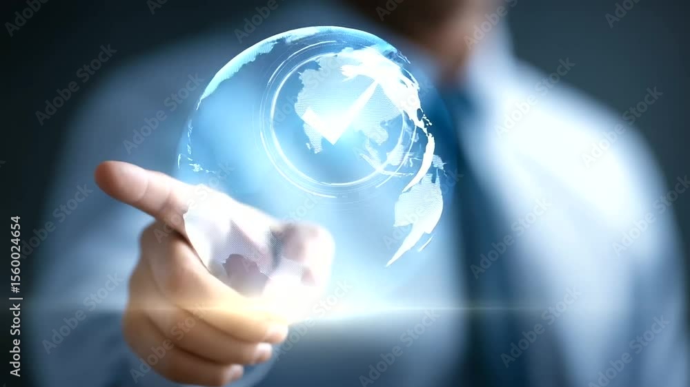 Poster businessman engaging with a global digital interface representing iso certification concepts.