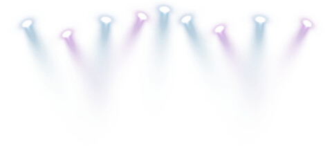 Theatre stage lights PNG. Blue and purple spotlights on white background for show, party, music event or lighting design.