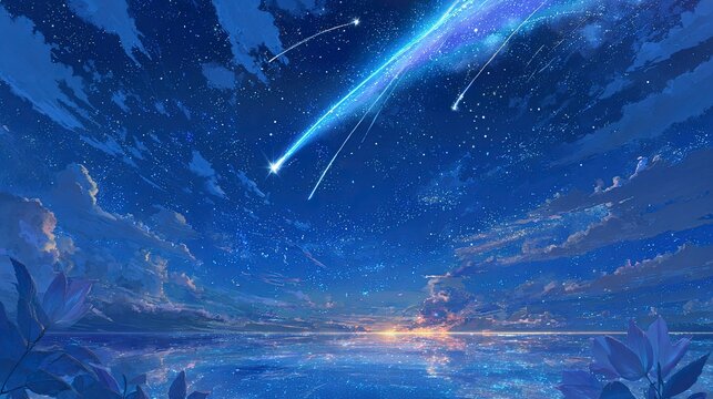 Crystal Meteor Streak over Obsidian Lake, Anime Wallpaper with Diamond Stars and Silver Ripples, Ethereal Reflection 8K Textured Grain