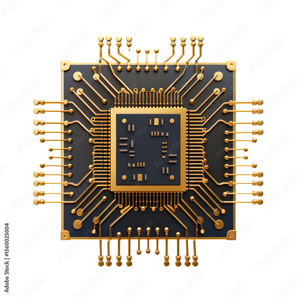 Poster quantum processor chip with golden interconnects floating composition and high‑key lighting and smoo