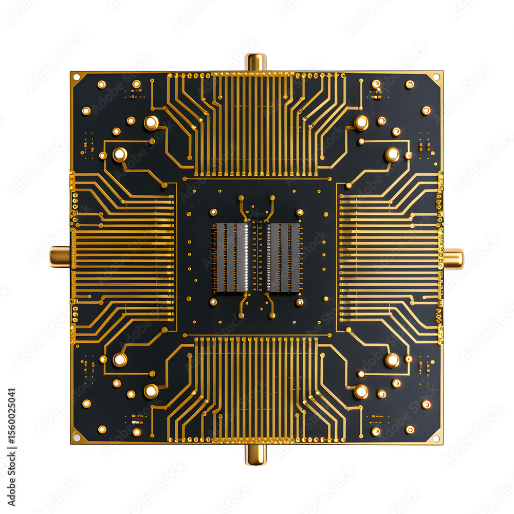 Poster quantum processor chip with golden interconnects matte finish and even diffused lighting and bright 