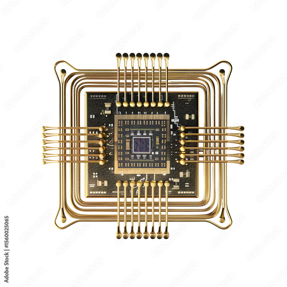 Poster quantum processor chip with golden interconnects high‑key lighting and high detail surface and symme