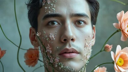 Entering blinking shirtless male model tilting head, holding gaze in studio with pink floral vines - Powered by Adobe
