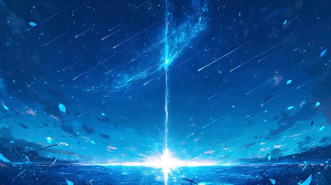Crystal Meteor Streak over Obsidian Lake, Anime Wallpaper with Diamond Stars and Silver Ripples, Ethereal Reflection 8K Textured Grain