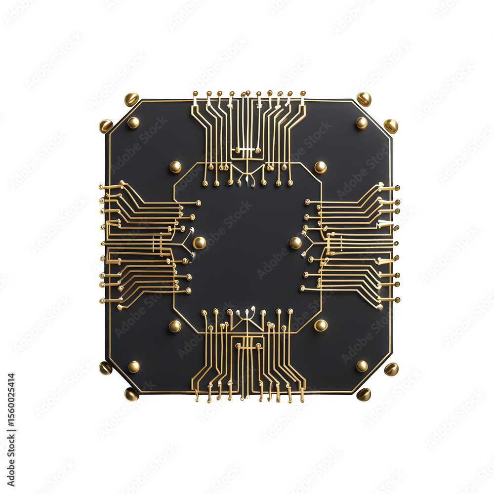 Poster quantum processor chip with golden interconnects seamless backdrop and low‑key lighting and floating