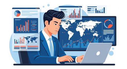 a man in a suit analyzing business data charts graphs and world map on a laptop for investment strategy and market analysis. He is focused on the screen and working hard to achieve his goals


