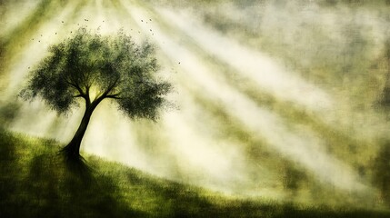 Solitary tree bathed in ethereal light on a gentle green hillside painting