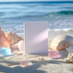 White blank book on the seashore, decorated with sand and shells on a background of waves. Generative AI