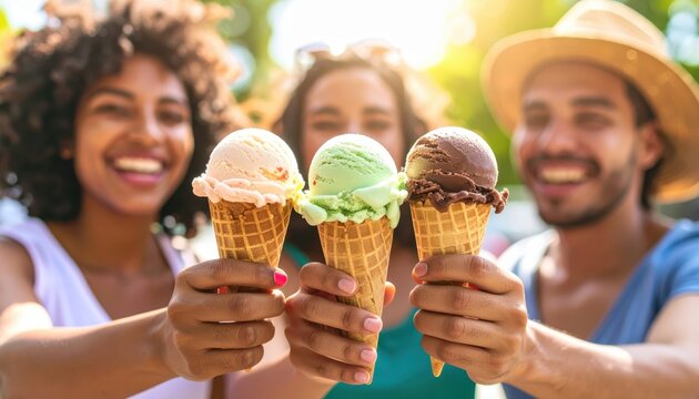 Group of friends joyfully sharing colorful ice cream cones during sunny day in a park setting