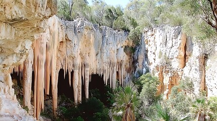 Spectacular Natures Masterpiece: Awe-Inspiring Stalactites Grace the Cliffside Cave Entrance